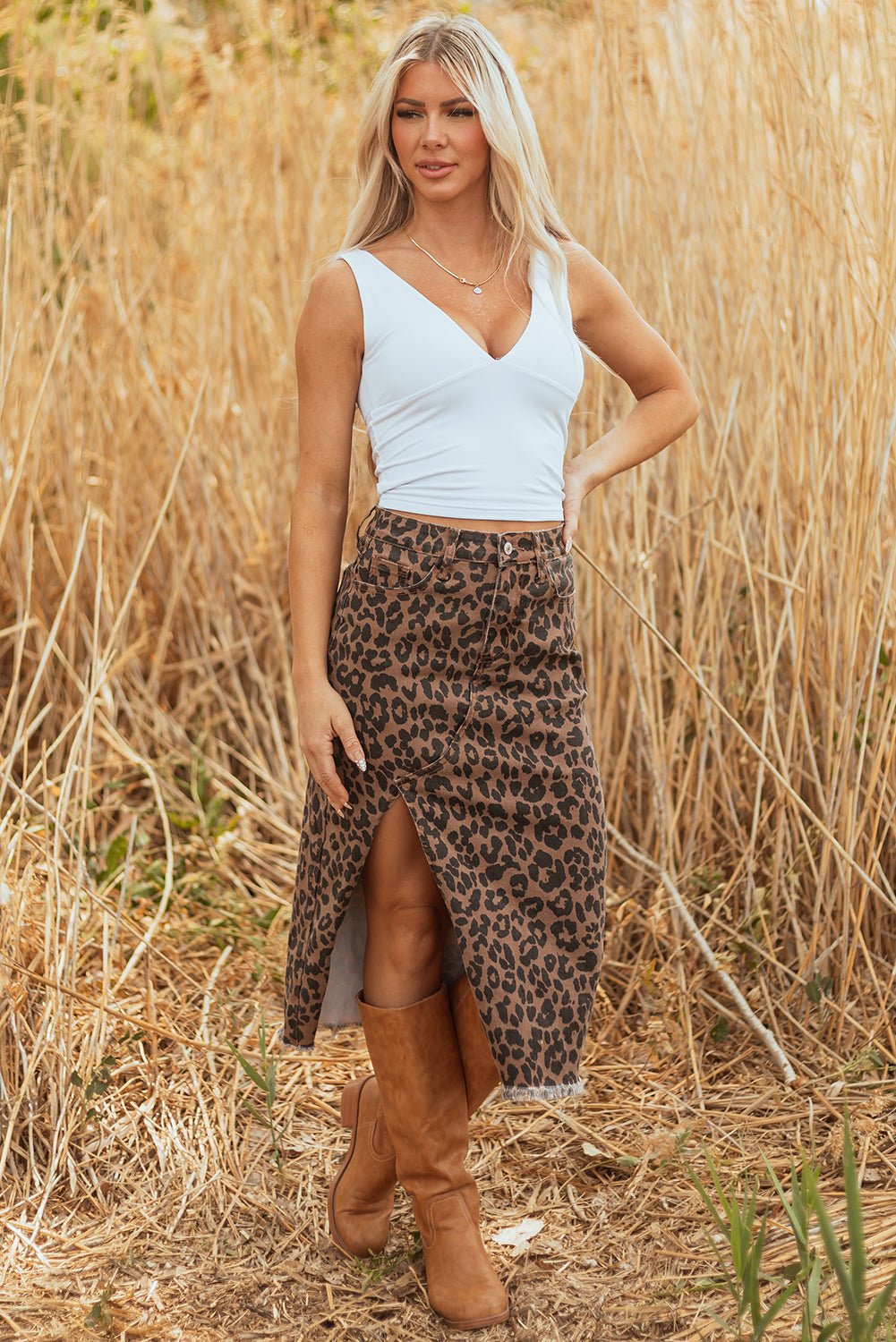Women's Leopard Print Denim Midi Skirt with Side Slit