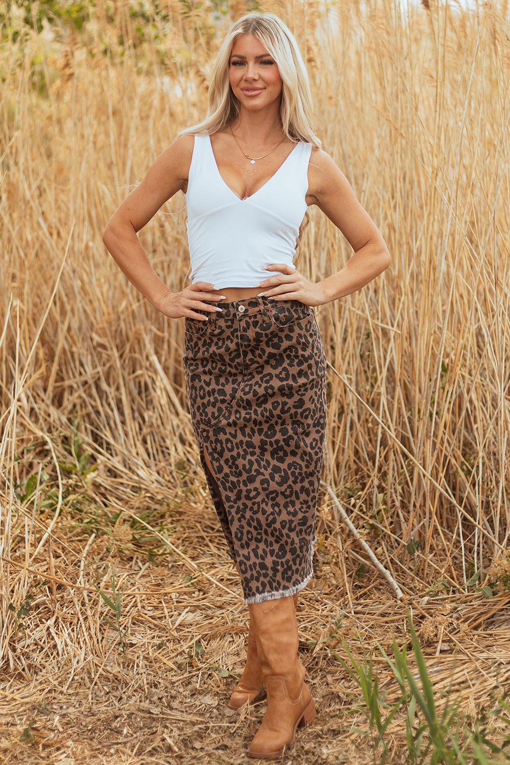 Women's Leopard Print Denim Midi Skirt with Side Slit