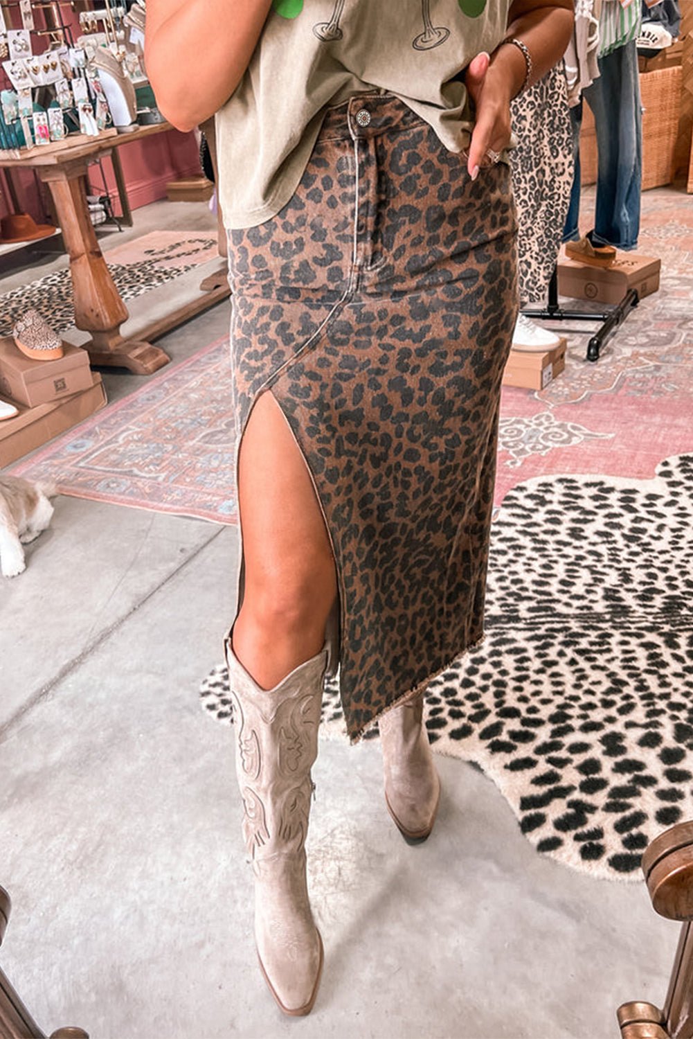 Women's Leopard Print Denim Midi Skirt with Side Slit