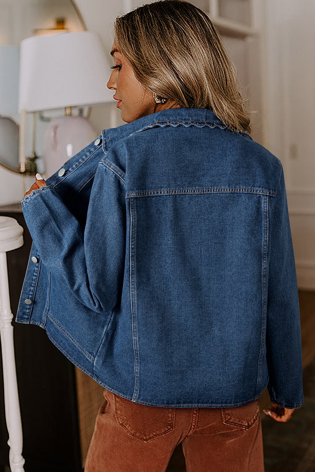 Women's Mineral Washed Denim Jacket in Ashleigh Blue with Scalloped Trim, Button-Up Closure, and Patched Pockets.