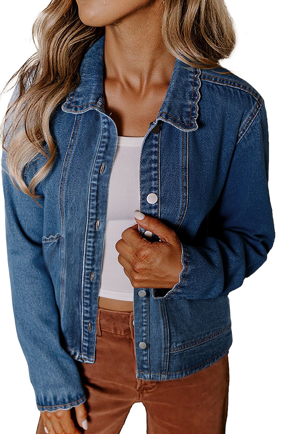 Women's Mineral Washed Denim Jacket in Ashleigh Blue with Scalloped Trim, Button-Up Closure, and Patched Pockets.