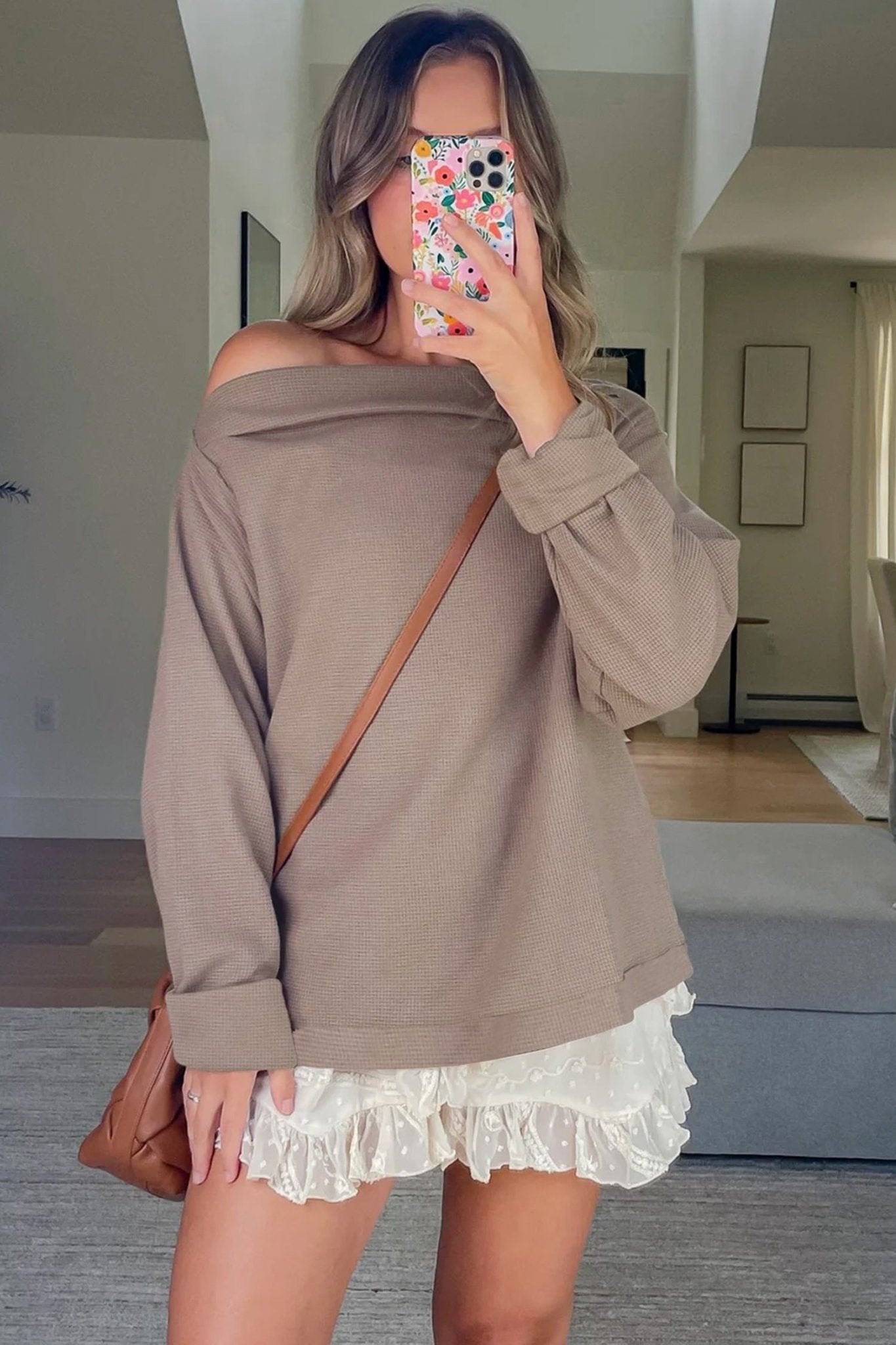 Women's Old Rose Asymmetric Neck Waffle Knit Long Sleeve Top