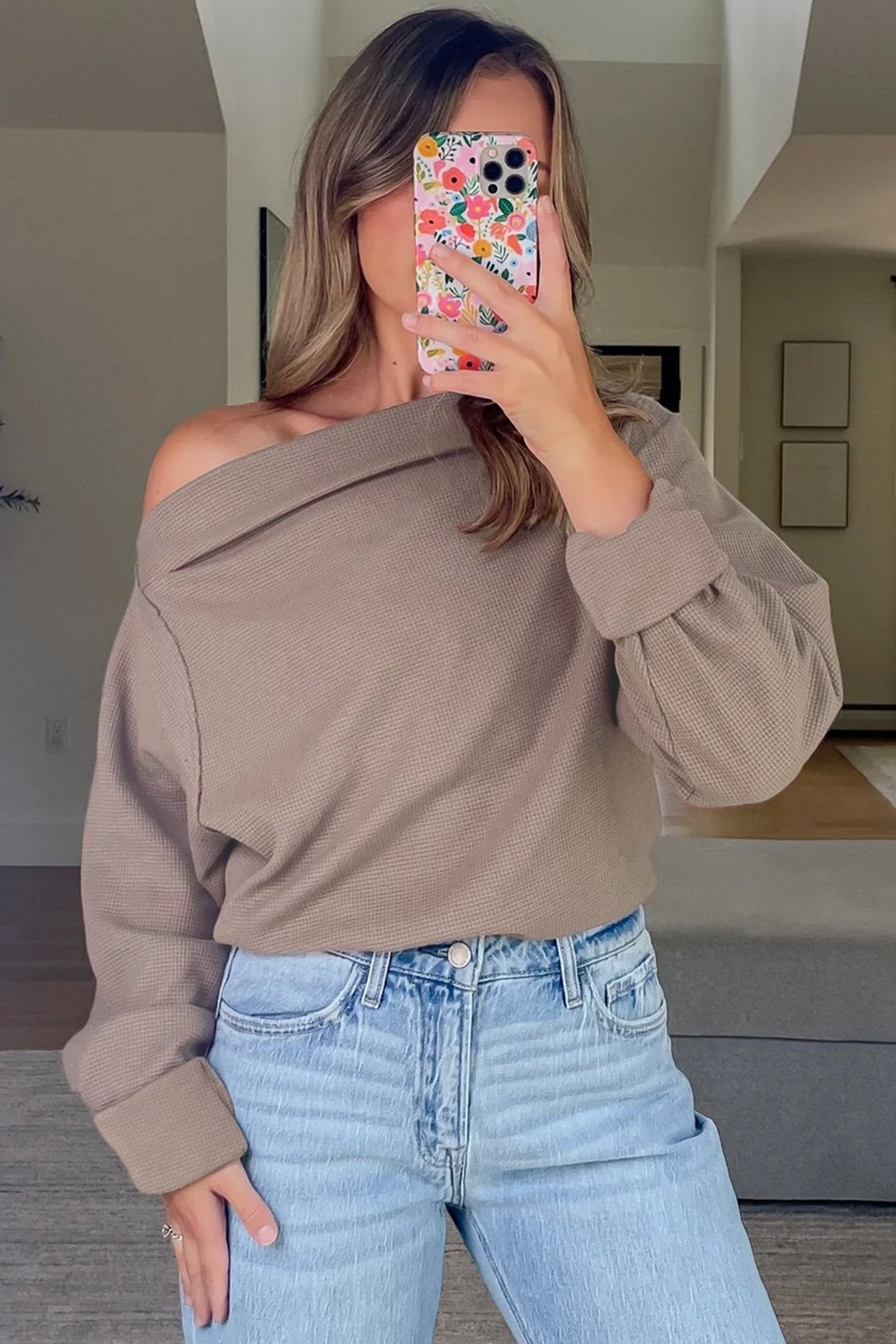 Women's Old Rose Asymmetric Neck Waffle Knit Long Sleeve Top