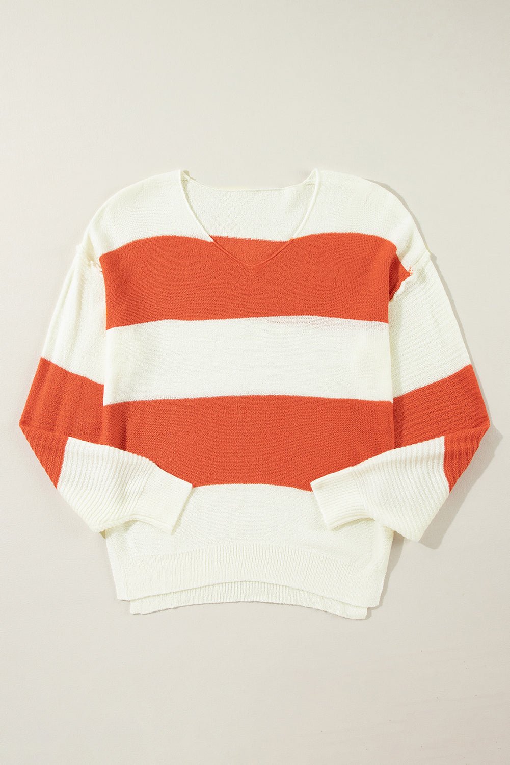 Women's Orange Color Block V-Neck Knit Sweater with Bubble Sleeves