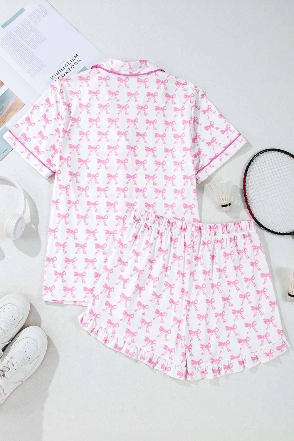 Women's Pink Bowknot Satin Pajama Set with Ruffled Shorts