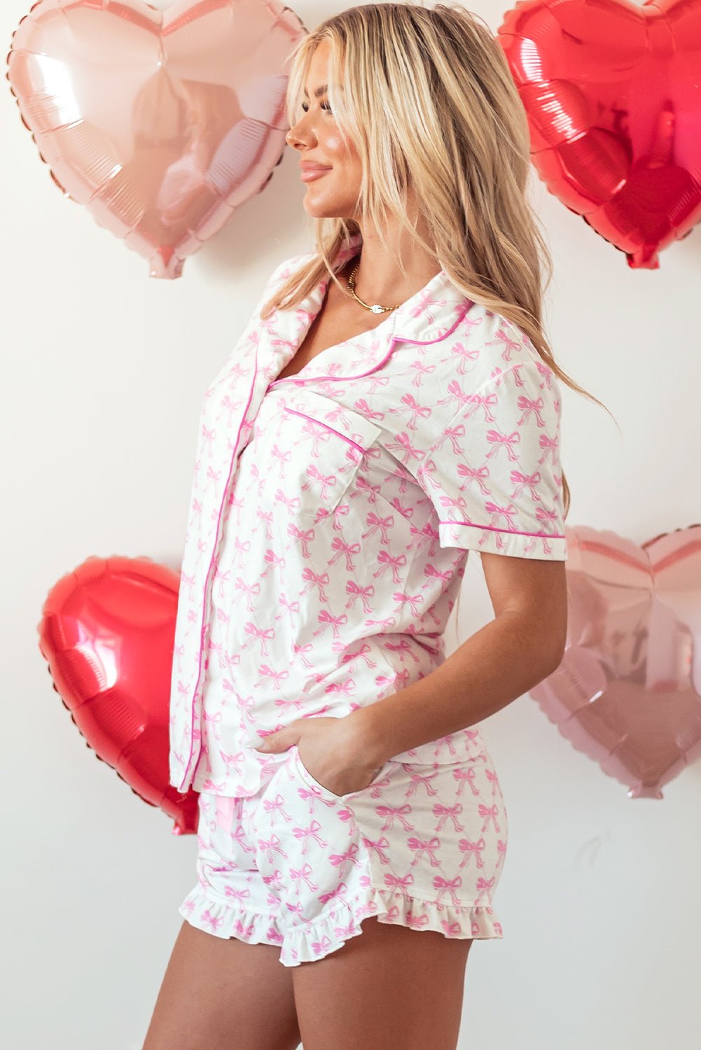 Women's Pink Bowknot Satin Pajama Set with Ruffled Shorts