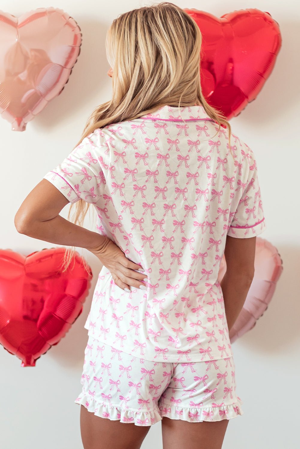 Women's Pink Bowknot Satin Pajama Set with Ruffled Shorts