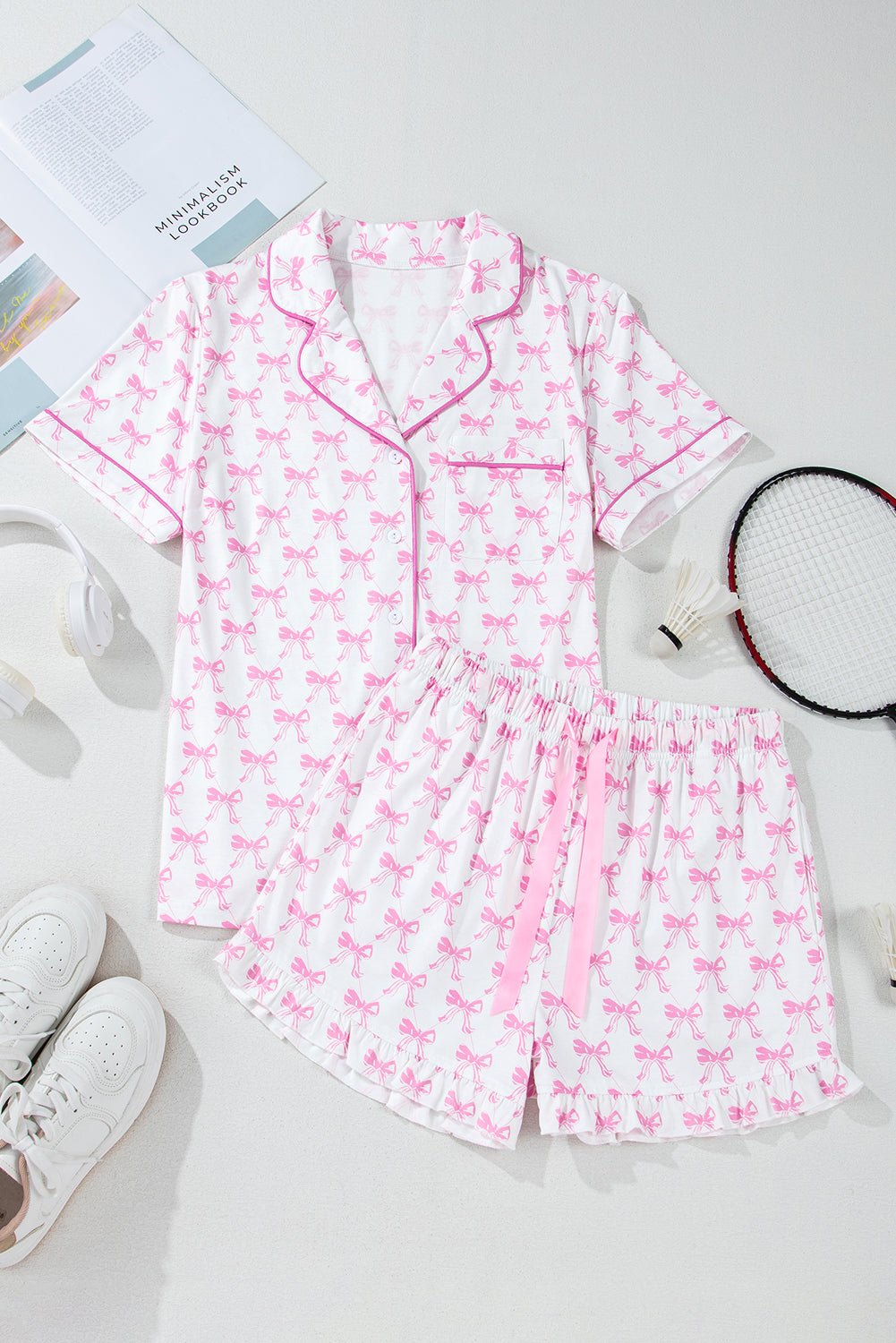 Women's Pink Bowknot Satin Pajama Set with Ruffled Shorts