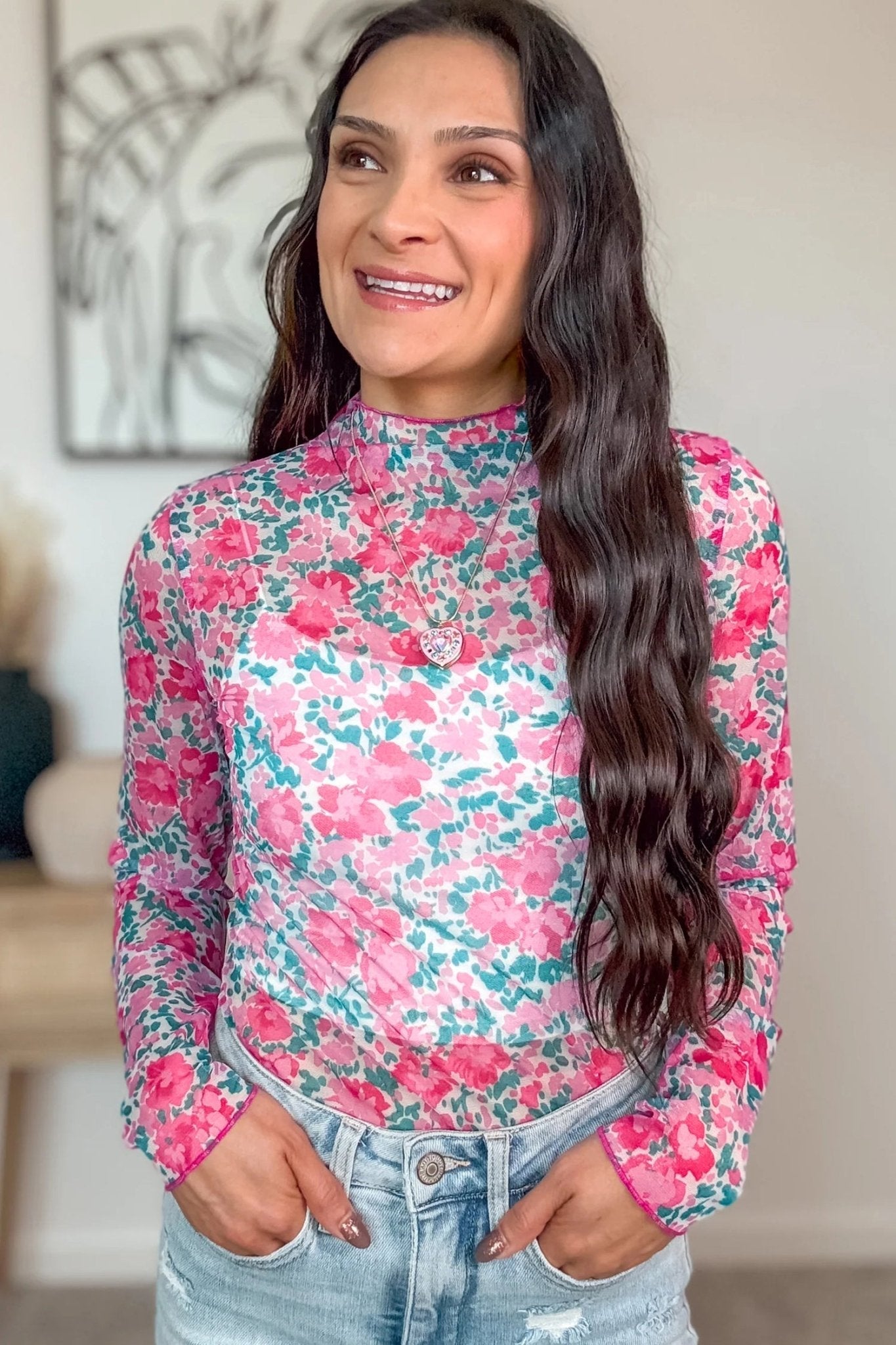 Women's Pink Floral Mesh Mock Neck Long Sleeve Slim Fit Top