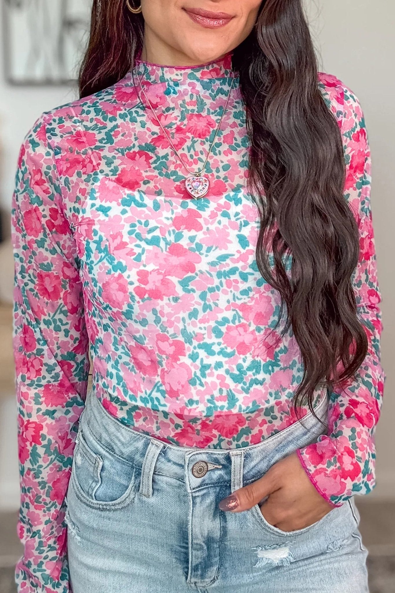 Women's Pink Floral Mesh Mock Neck Long Sleeve Slim Fit Top