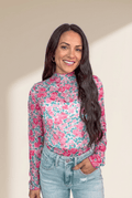 Women's Pink Floral Mesh Mock Neck Long Sleeve Slim Fit Top