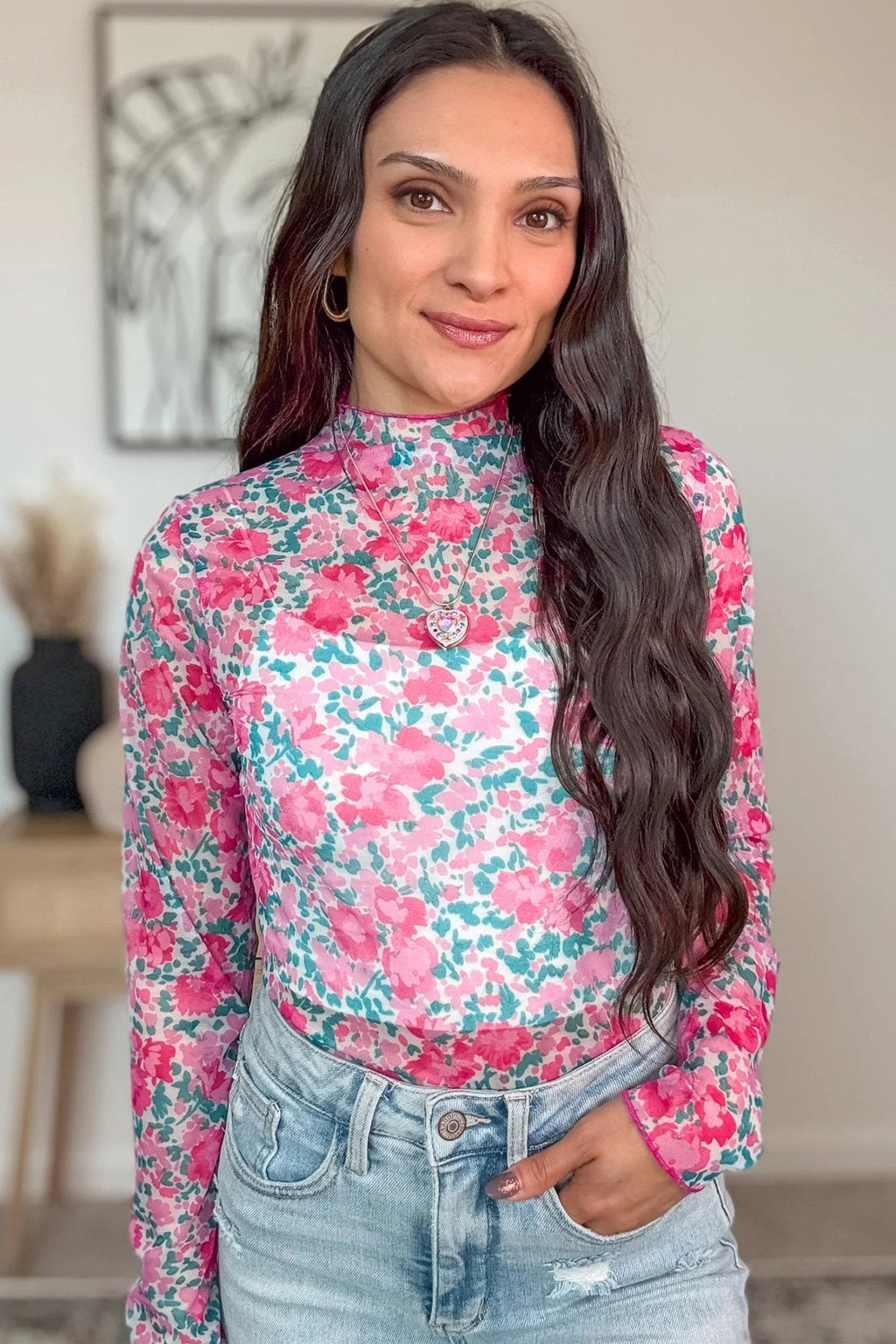Women's Pink Floral Mesh Mock Neck Long Sleeve Slim Fit Top