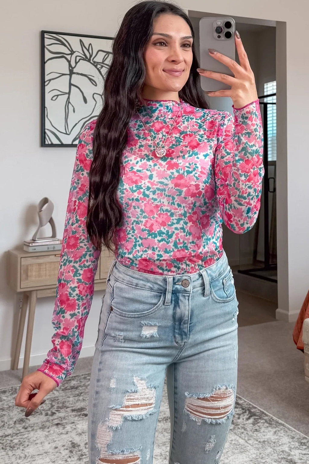 Women's Pink Floral Mesh Mock Neck Long Sleeve Slim Fit Top