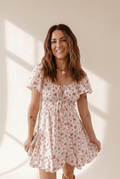 Women's Pink Floral Viscose Mini Dress with Shirred Waist