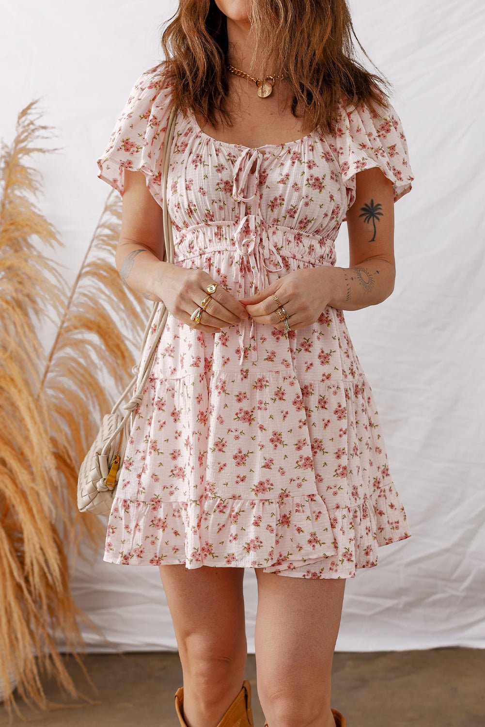 Women's Pink Floral Viscose Mini Dress with Shirred Waist