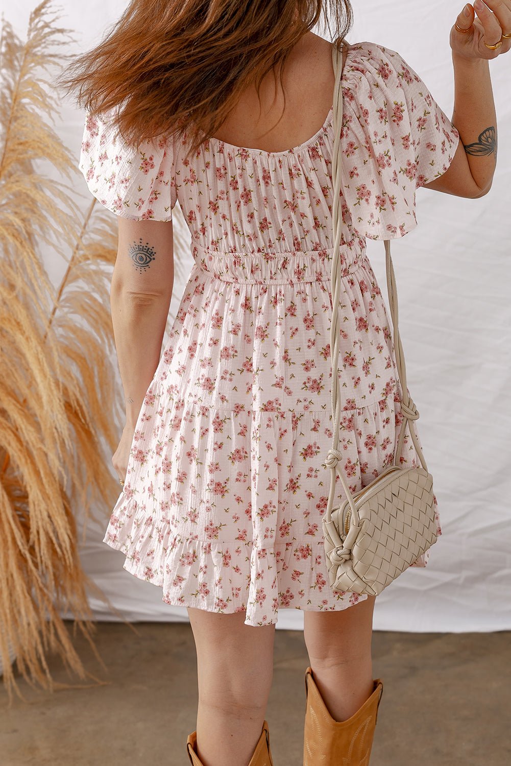 Women's Pink Floral Viscose Mini Dress with Shirred Waist