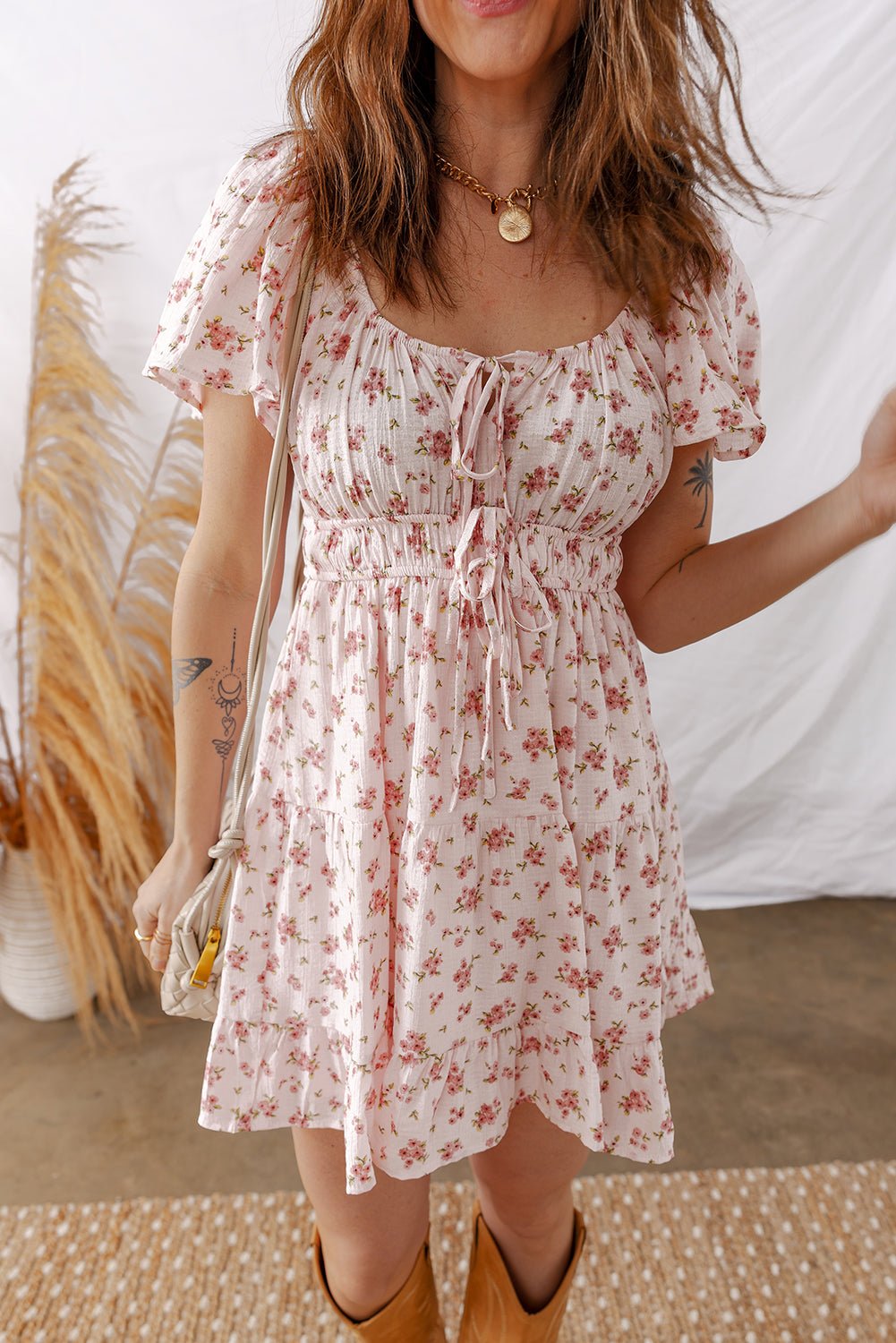 Women's Pink Floral Viscose Mini Dress with Shirred Waist