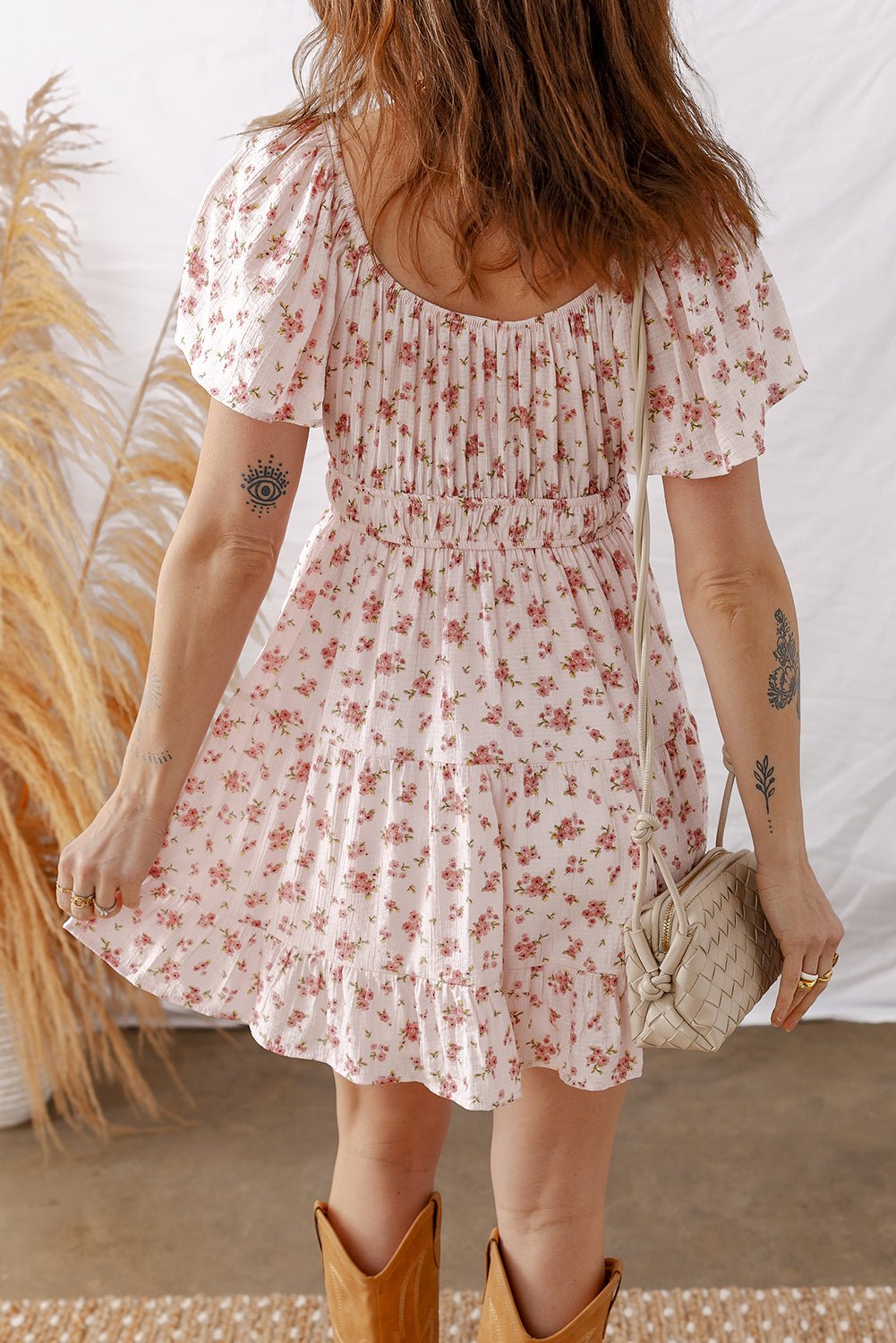 Women's Pink Floral Viscose Mini Dress with Shirred Waist