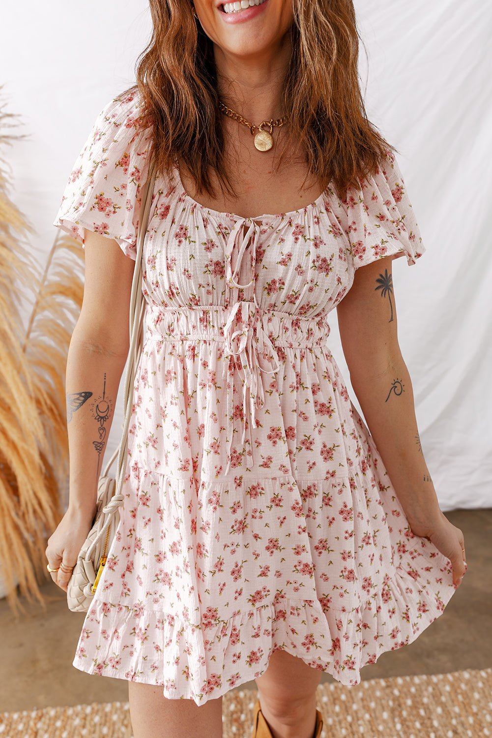 Women's Pink Floral Viscose Mini Dress with Shirred Waist