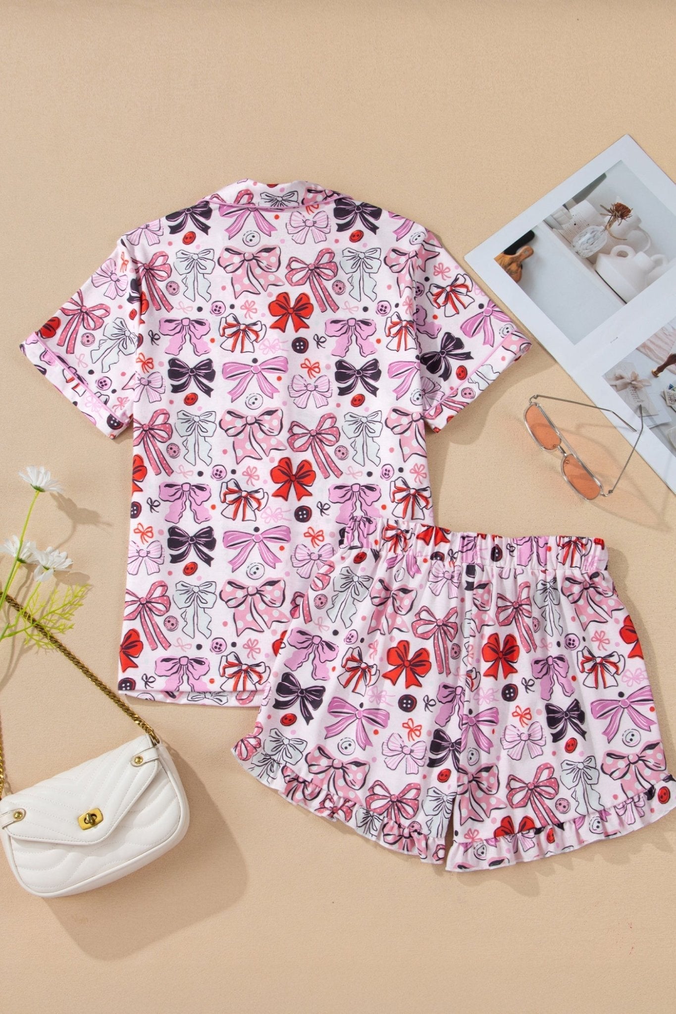 Women's Pink Ribbon Bow Print Short Pajama Set