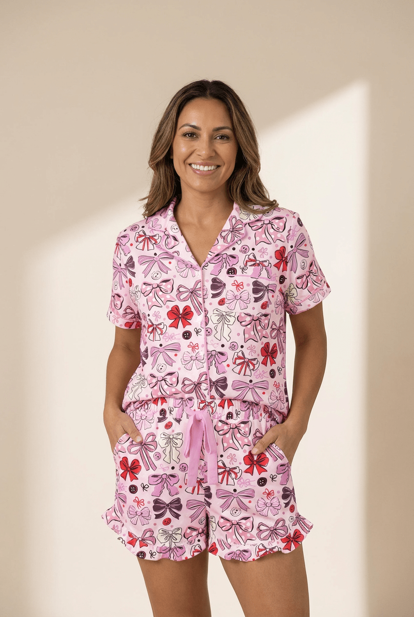 Women's Pink Ribbon Bow Print Short Pajama Set