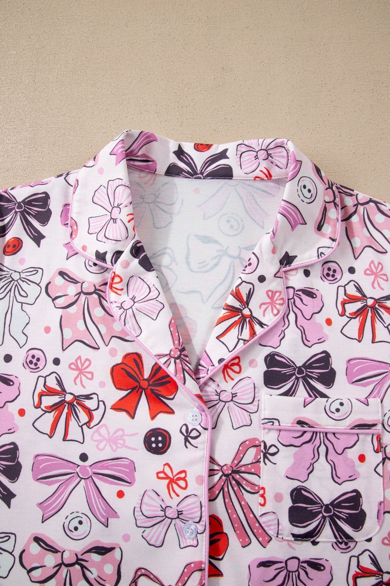 Women's Pink Ribbon Bow Print Short Pajama Set