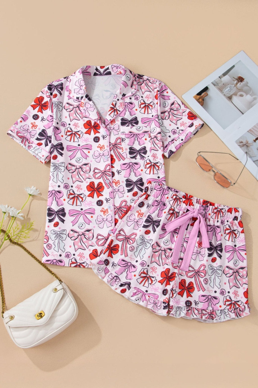 Women's Pink Ribbon Bow Print Short Pajama Set