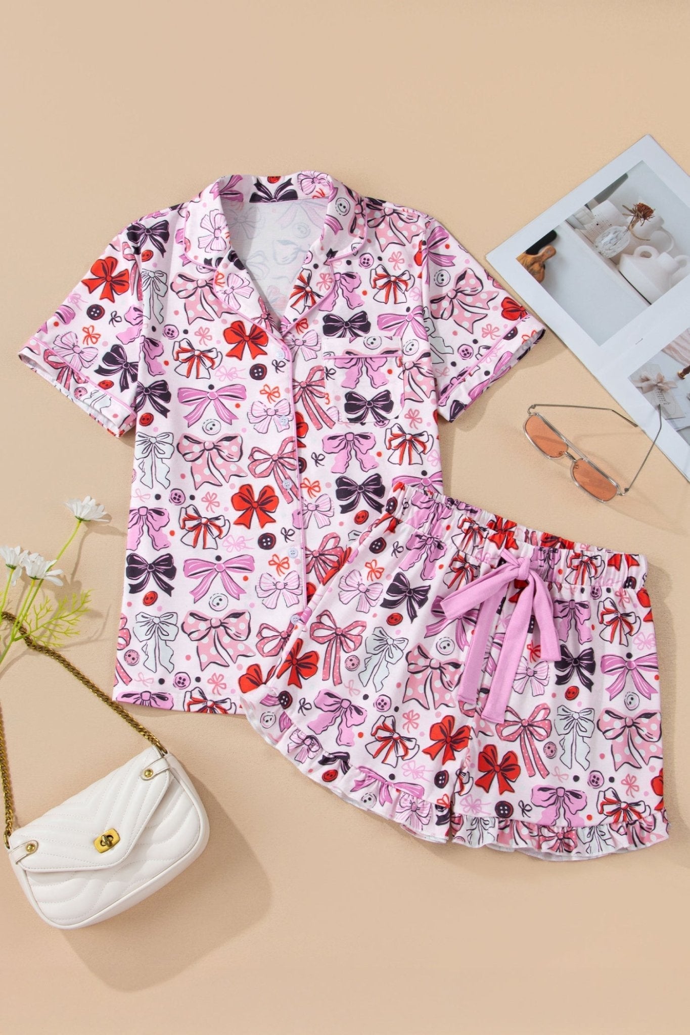 Women's Pink Ribbon Bow Print Short Pajama Set