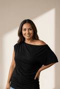 Women's Plus Size Black Asymmetric Drape Blouse with Ruched Detail