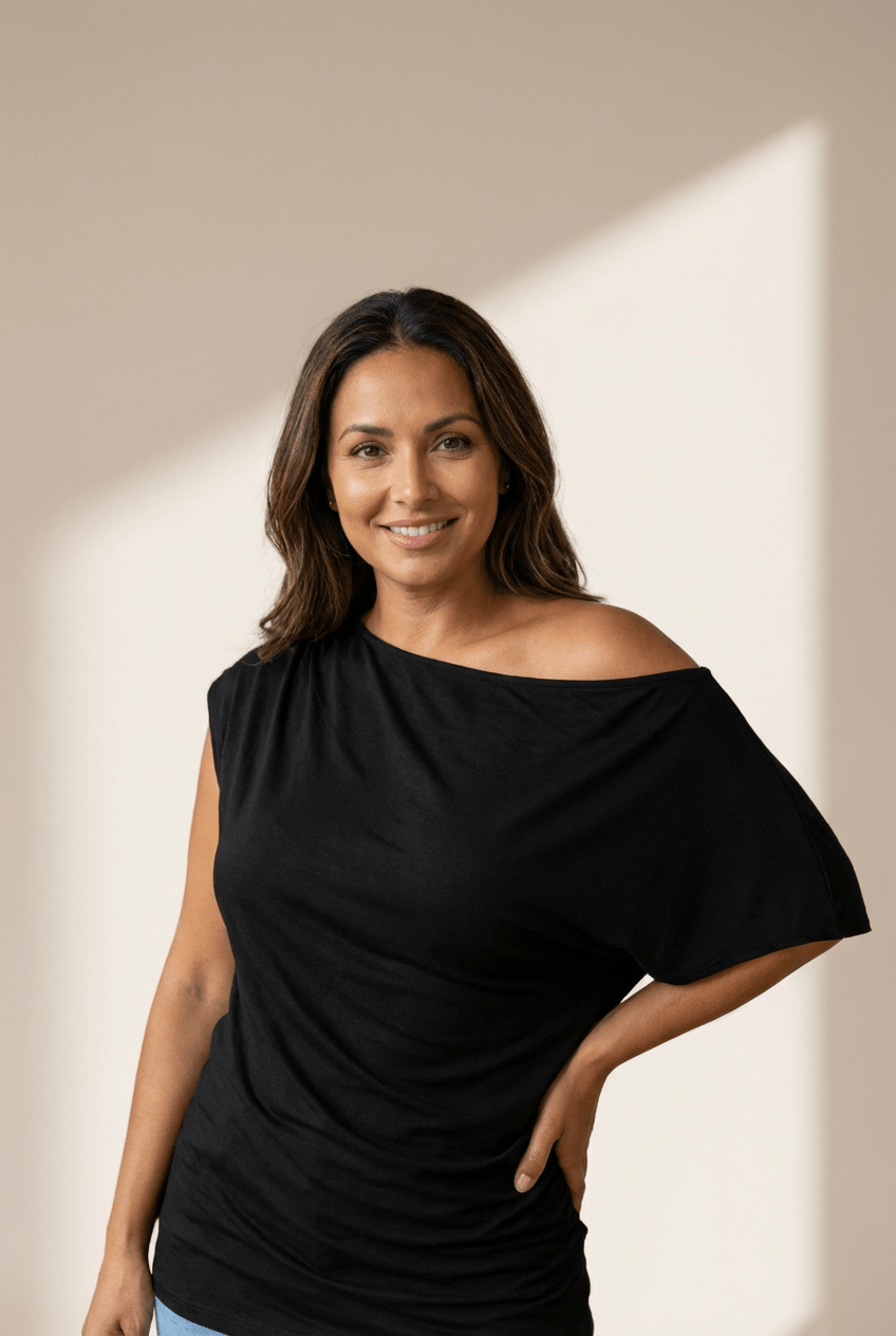 Women's Plus Size Black Asymmetric Drape Blouse with Ruched Detail