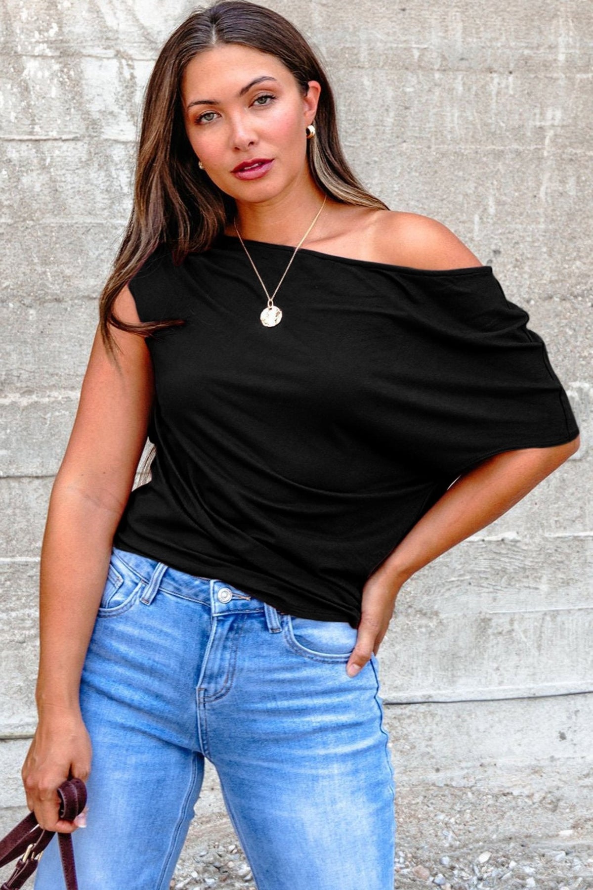 Women's Plus Size Black Asymmetric Drape Blouse with Ruched Detail