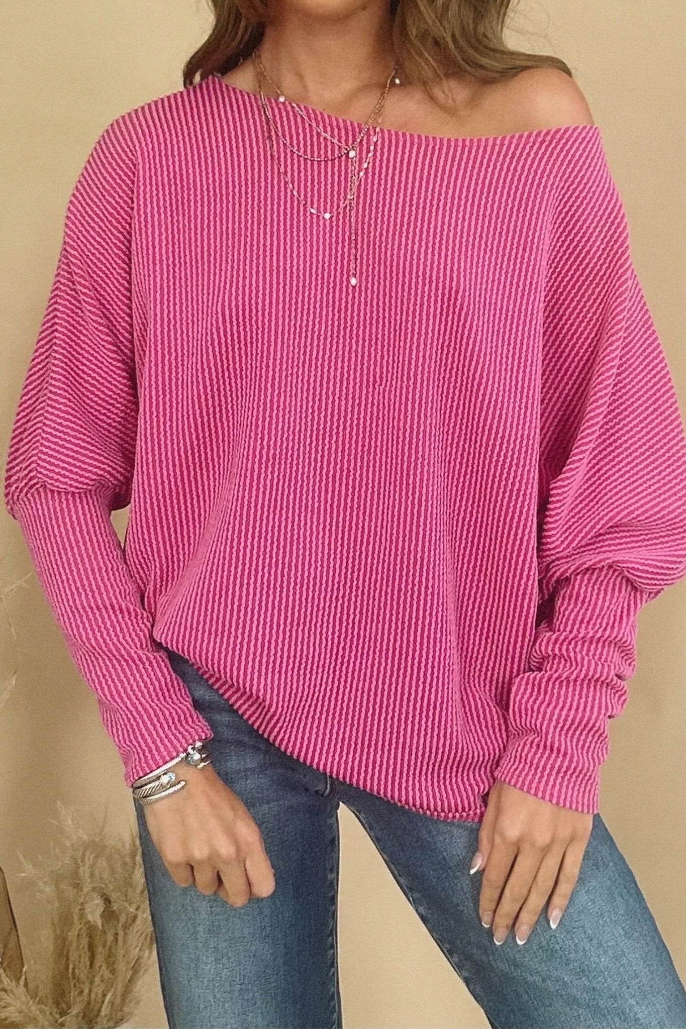 Women's Rose Red Twisted Ribbed Dolman Top with Off-Shoulder Neckline
