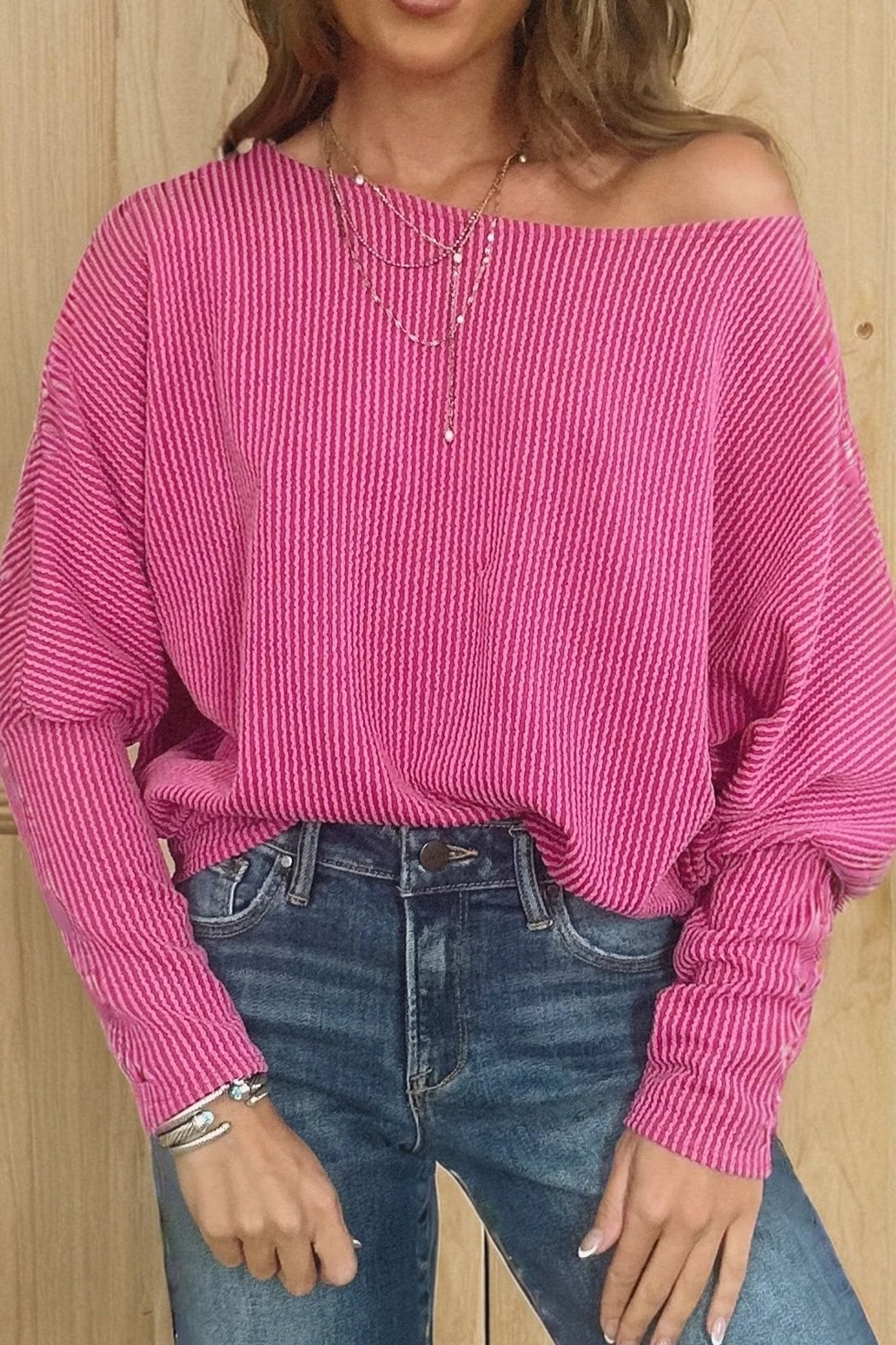 Women's Rose Red Twisted Ribbed Dolman Top with Off-Shoulder Neckline