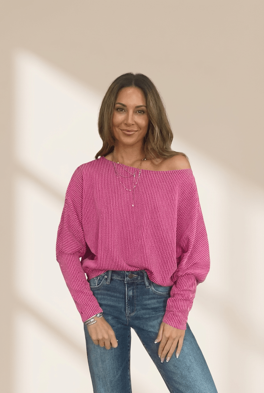 Women's Rose Red Twisted Ribbed Dolman Top with Off-Shoulder Neckline
