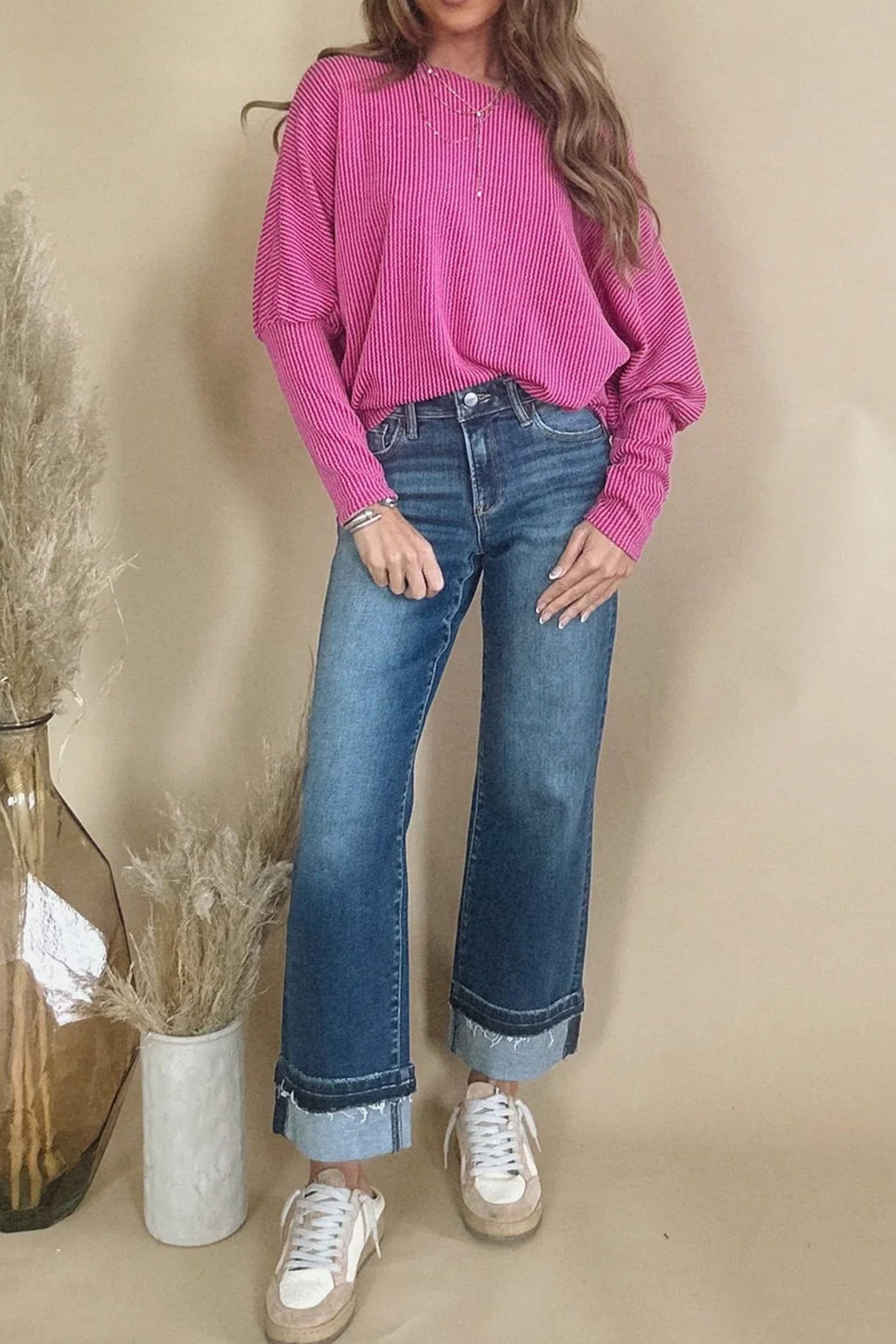 Women's Rose Red Twisted Ribbed Dolman Top with Off-Shoulder Neckline