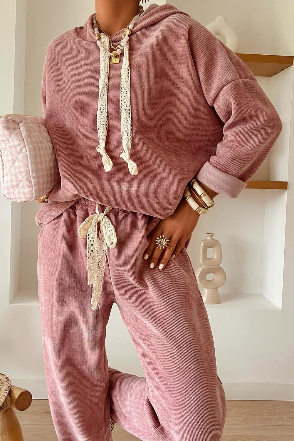 Women's Rose Tan Ribbed Knit Hoodie and Tapered Pants Set