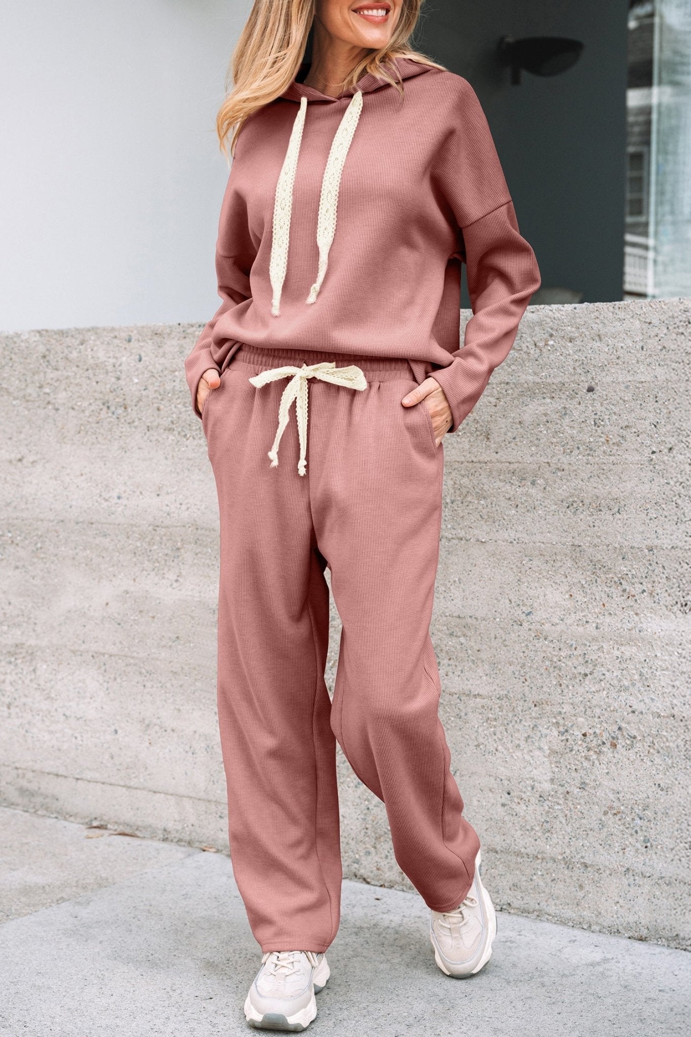 Women's Rose Tan Ribbed Knit Hoodie and Tapered Pants Set