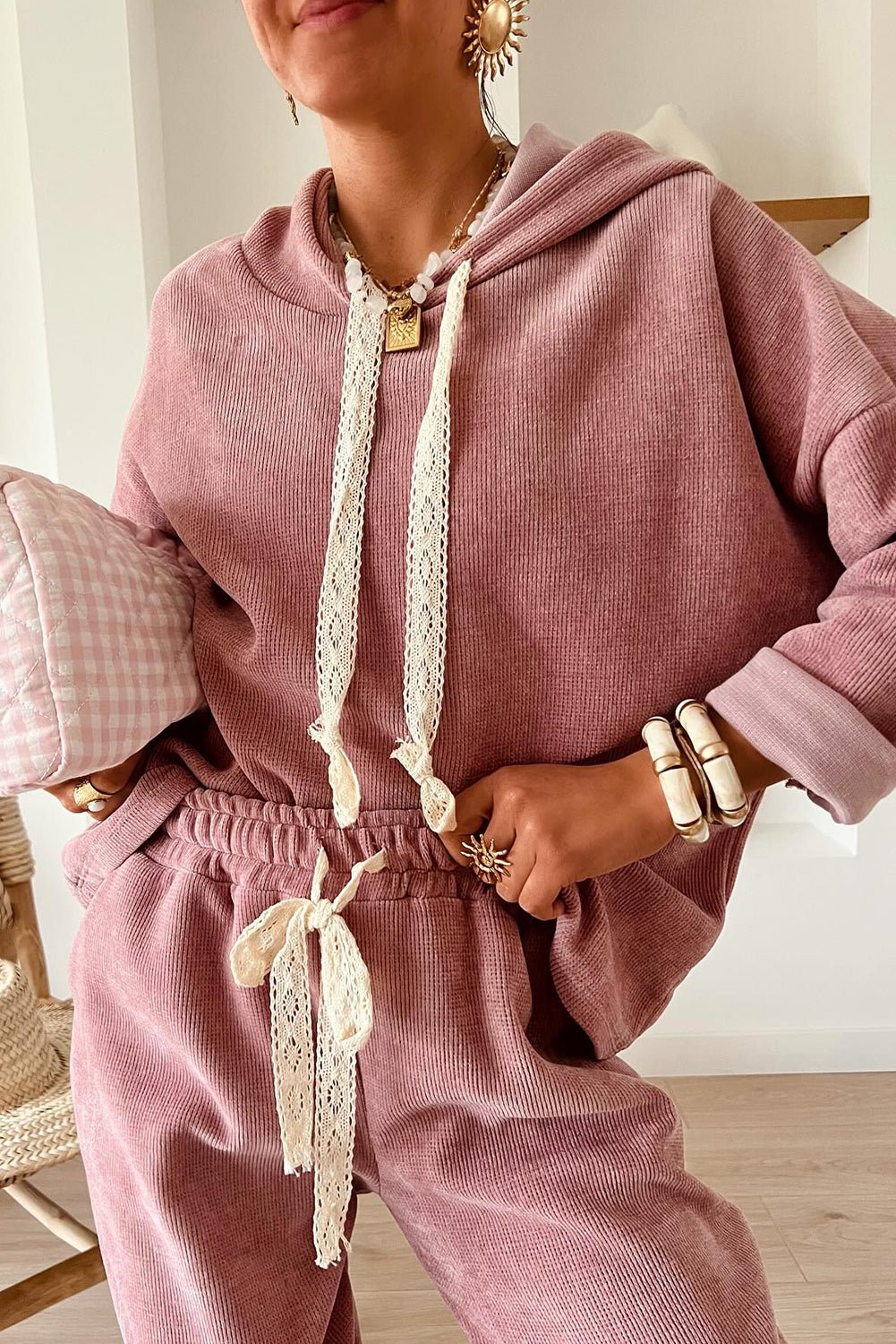 Women's Rose Tan Ribbed Knit Hoodie and Tapered Pants Set