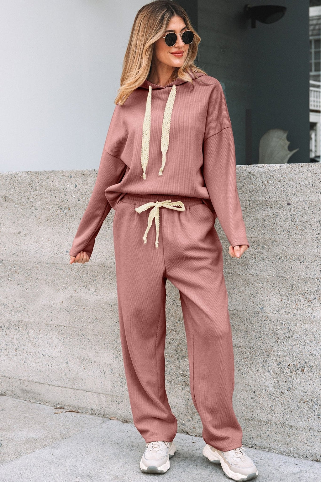 Women's Rose Tan Ribbed Knit Hoodie and Tapered Pants Set