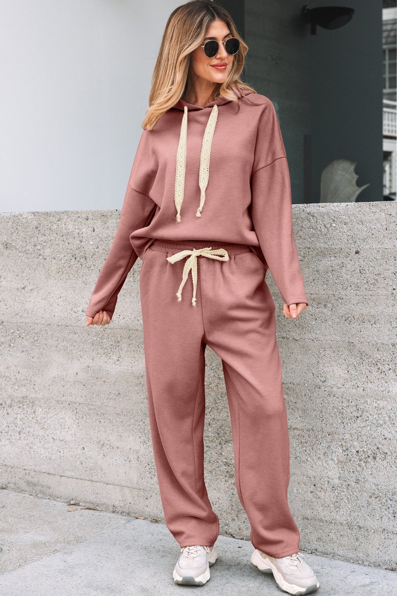 Women's Rose Tan Ribbed Knit Hoodie and Tapered Pants Set
