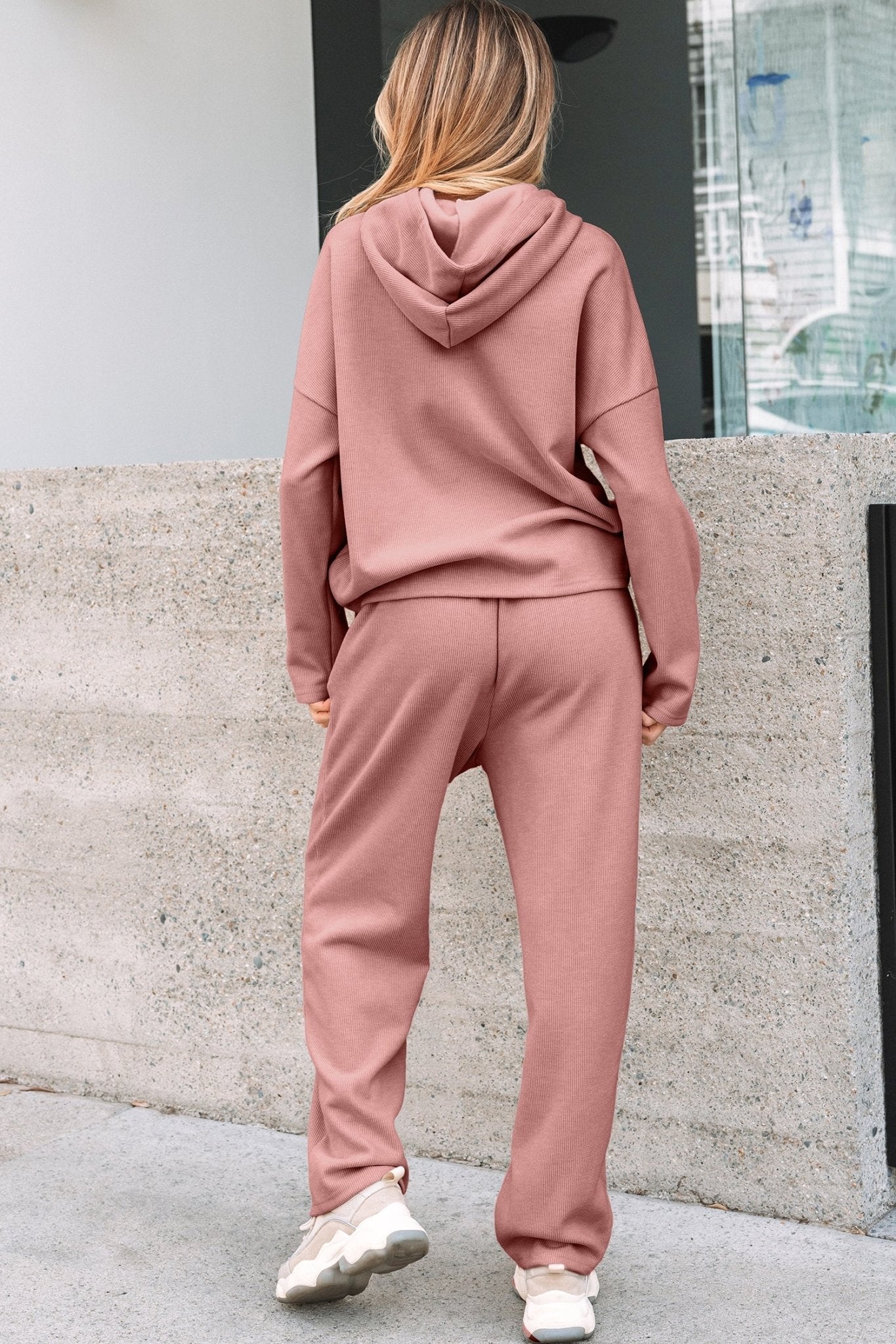 Women's Rose Tan Ribbed Knit Hoodie and Tapered Pants Set