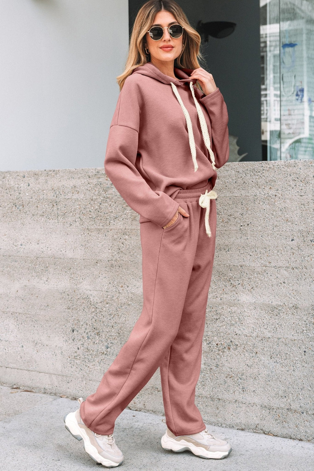 Women's Rose Tan Ribbed Knit Hoodie and Tapered Pants Set