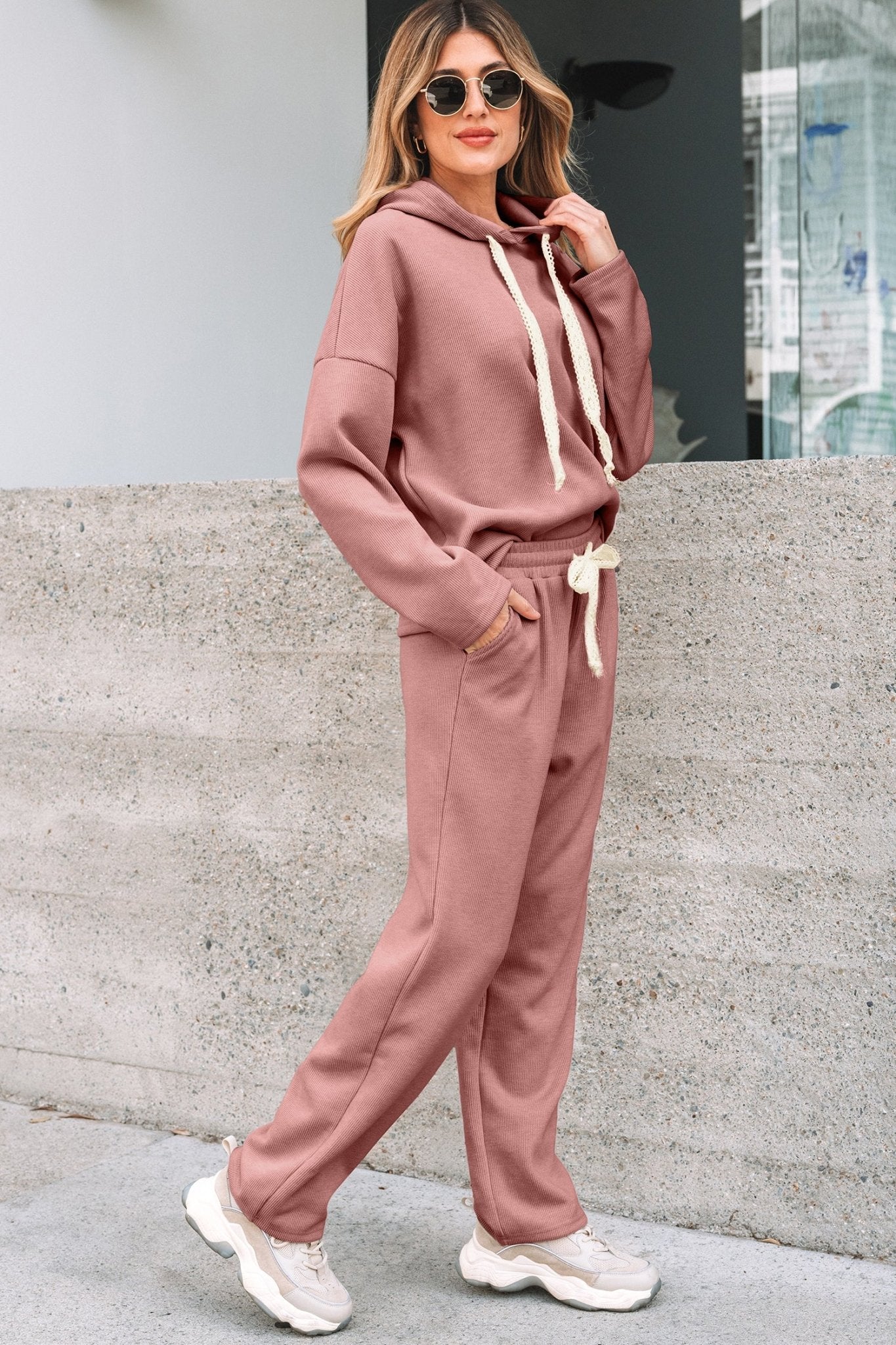 Women's Rose Tan Ribbed Knit Hoodie and Tapered Pants Set