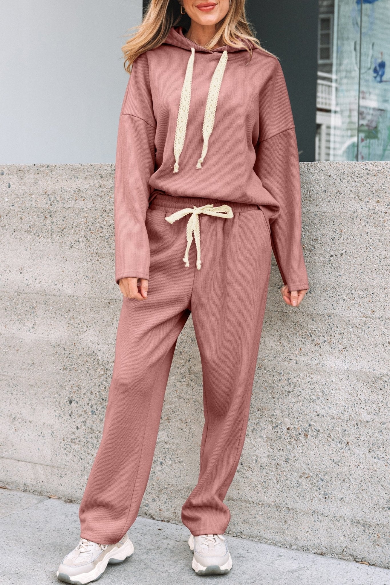 Women's Rose Tan Ribbed Knit Hoodie and Tapered Pants Set