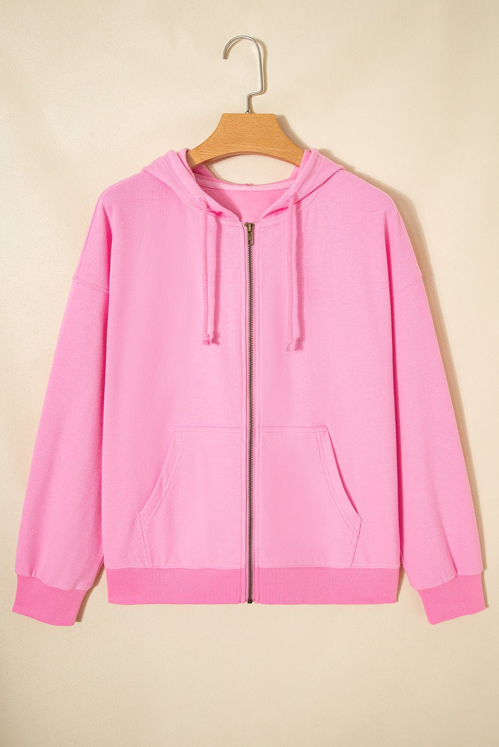 Women's Sachet Pink Ribbed Zip-Up Hooded Jacket