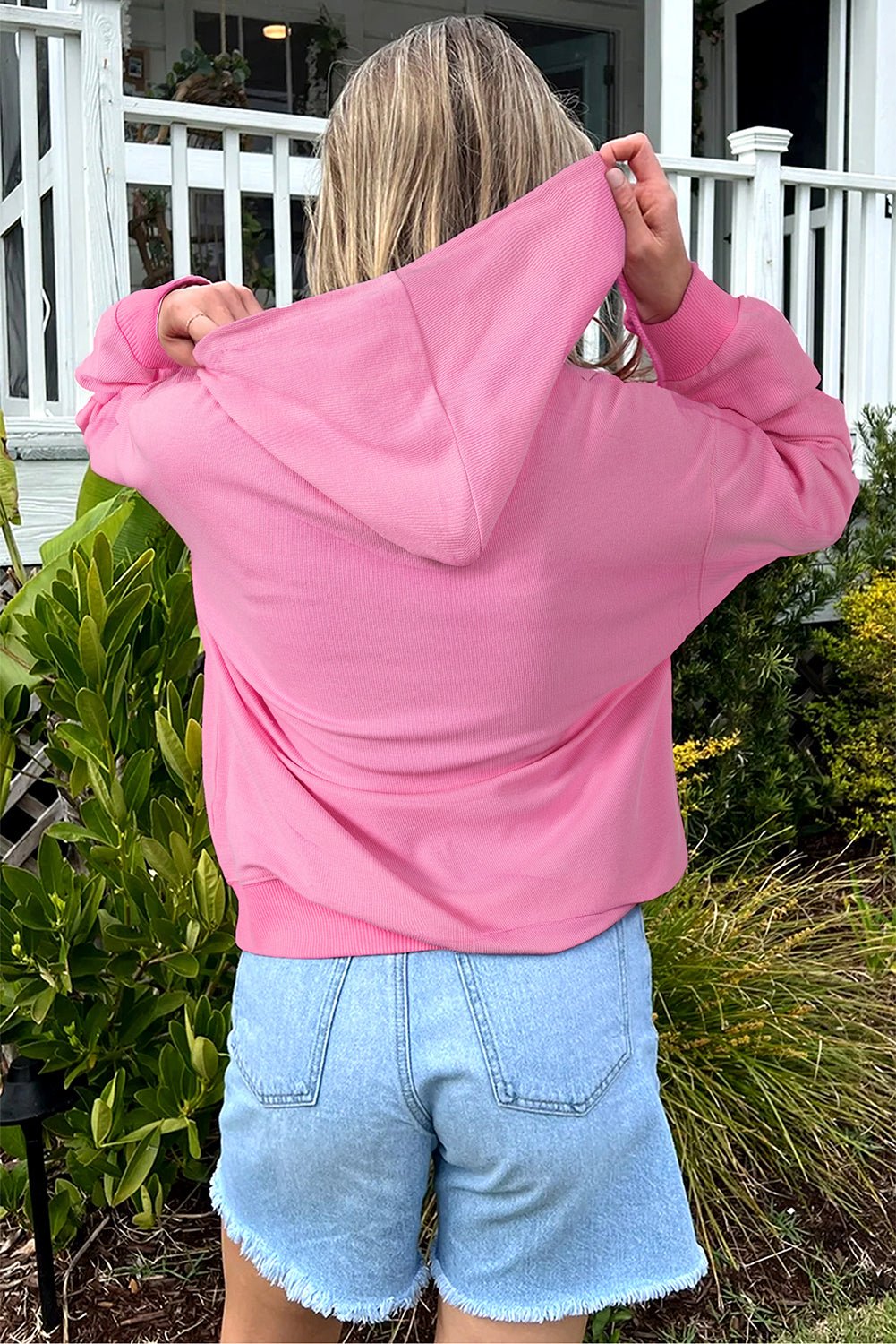 Women's Sachet Pink Ribbed Zip-Up Hooded Jacket