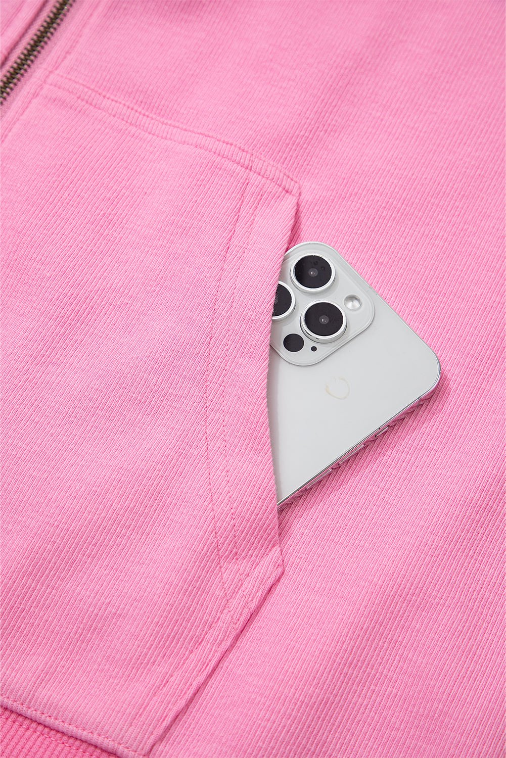 Women's Sachet Pink Ribbed Zip-Up Hooded Jacket