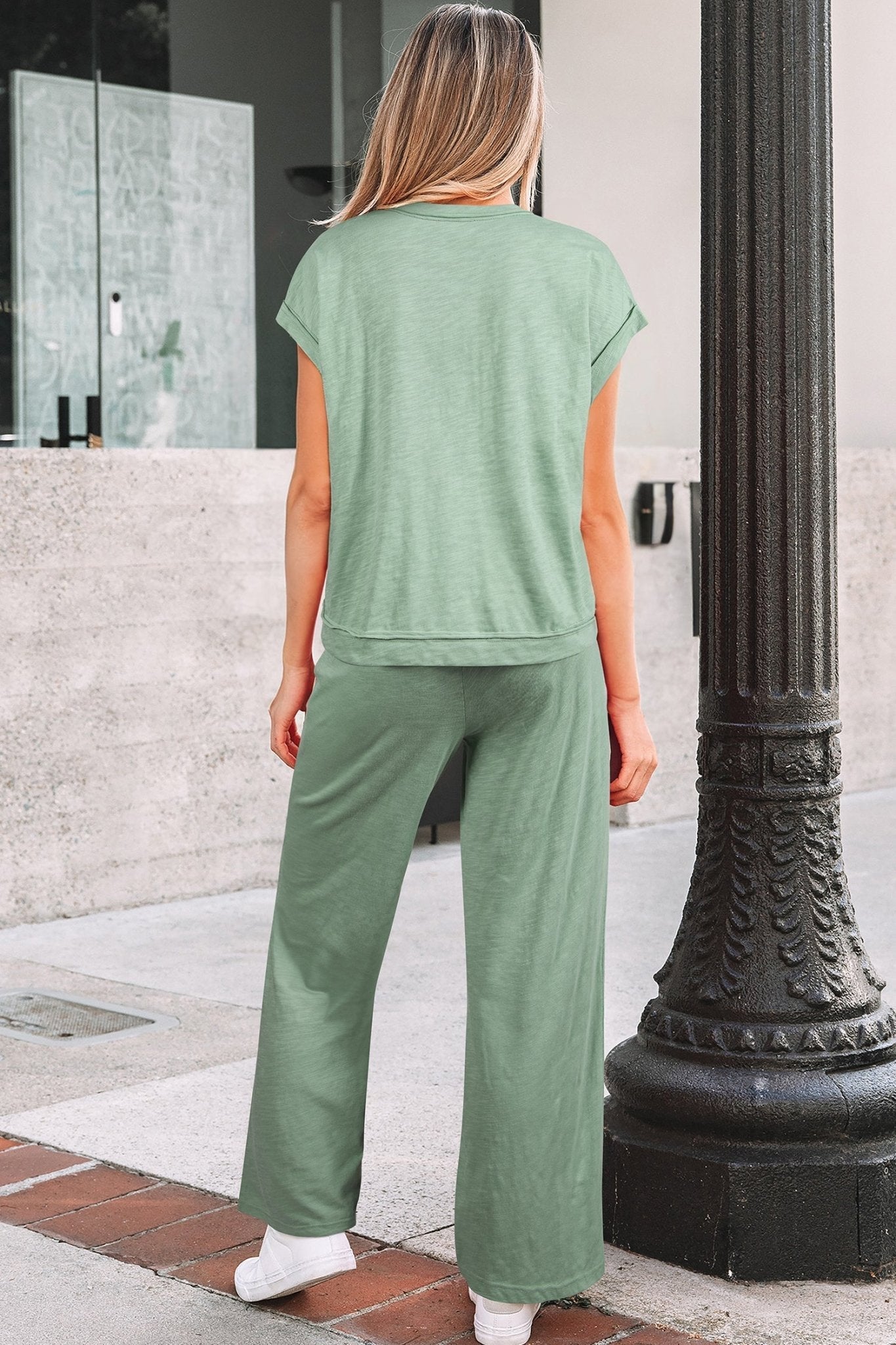 Women's Sage Green Cotton-Blend Cuffed Tee and Wide-Leg Pant Set