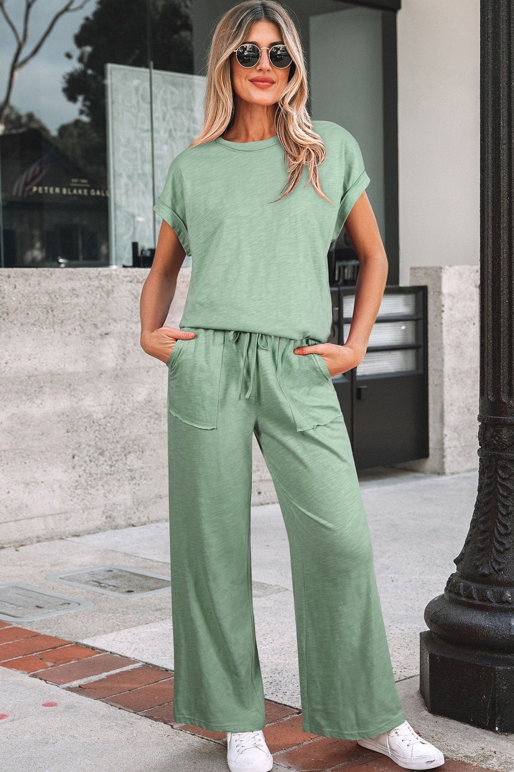 Women's Sage Green Cotton-Blend Cuffed Tee and Wide-Leg Pant Set