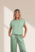Women's Sage Green Cotton-Blend Cuffed Tee and Wide-Leg Pant Set